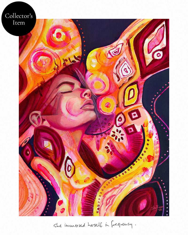 Fine Art Print, 'Frequency' by Sky Rivers. Collector's item featuring artist's handwritten poem on border. Colourful abstract artwork with women's face and geometric patterns. Includes COA.