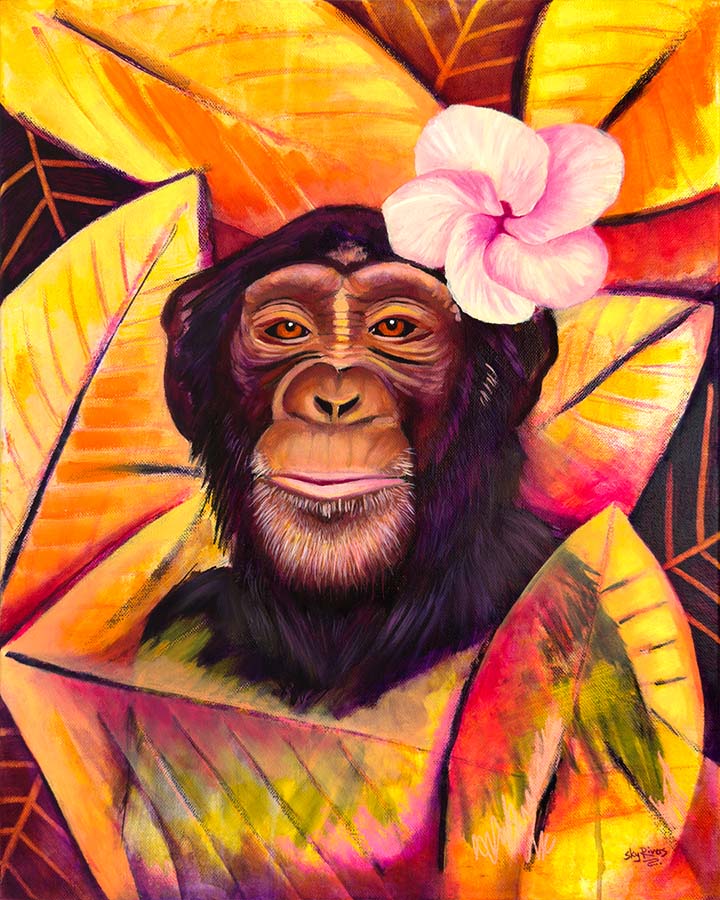 Original Painting, 'Monkey' by Sky Rivers, colourful artwork of a monkey with a flower in its hair surrounded by large leaves.