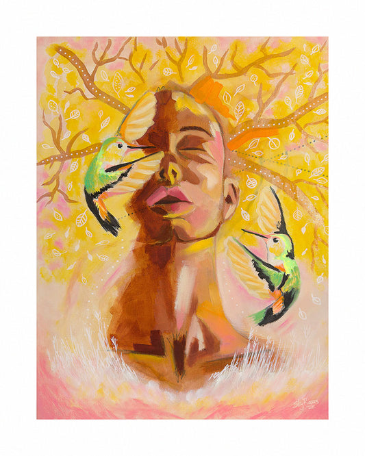 Fine Art Print, 'Becoming' by Sky Rivers, colourful artwork of a sleeping tree face with two hummingbirds on a yellow pink background.