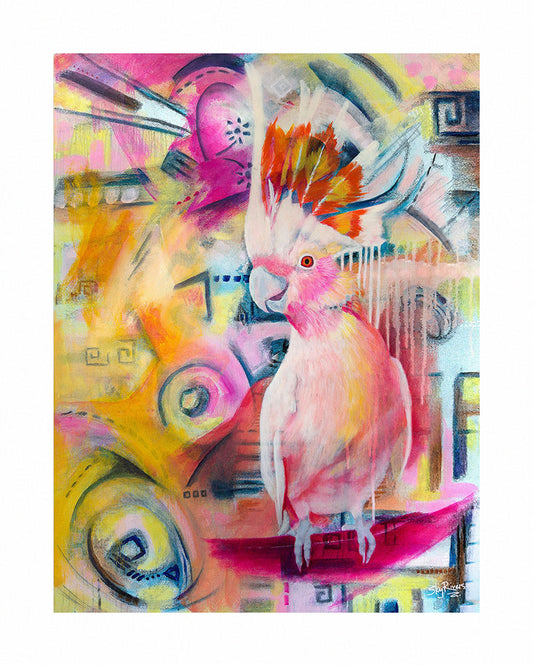 Fine Art Print, 'Cockatoo Spirit' by Sky Rivers, colourful abstract artwork with a playful pink cockatoo.