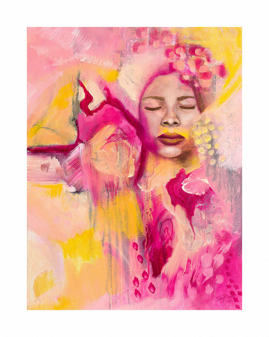Fine Art Print, 'Flower Whispers' by Sky Rivers, colourful abstract artwork with a sleeping woman's face on a pink and yellow abstract background.
