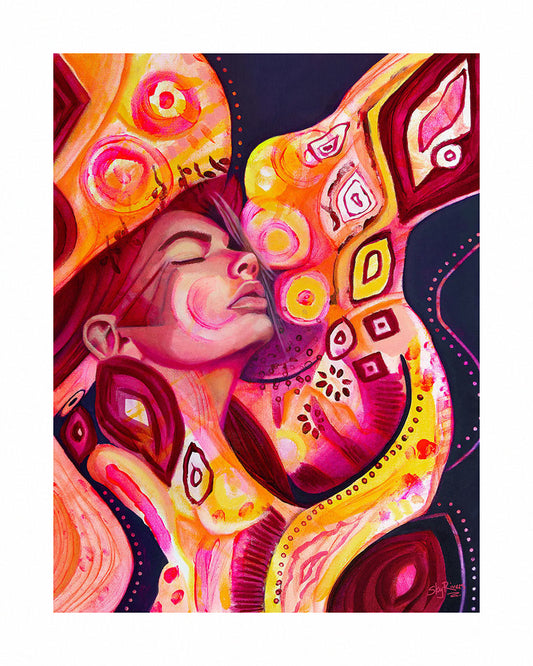 Fine Art Print, 'Frequency' by Sky Rivers, colourful abstract artwork with women's face and geometric patterns.