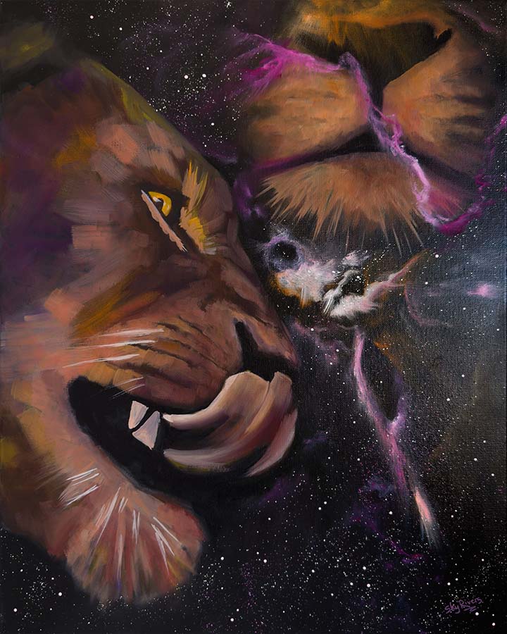 Original Painting, 'Unity' by Sky Rivers, colourful artwork of a tigress and tiger with cosmic background.